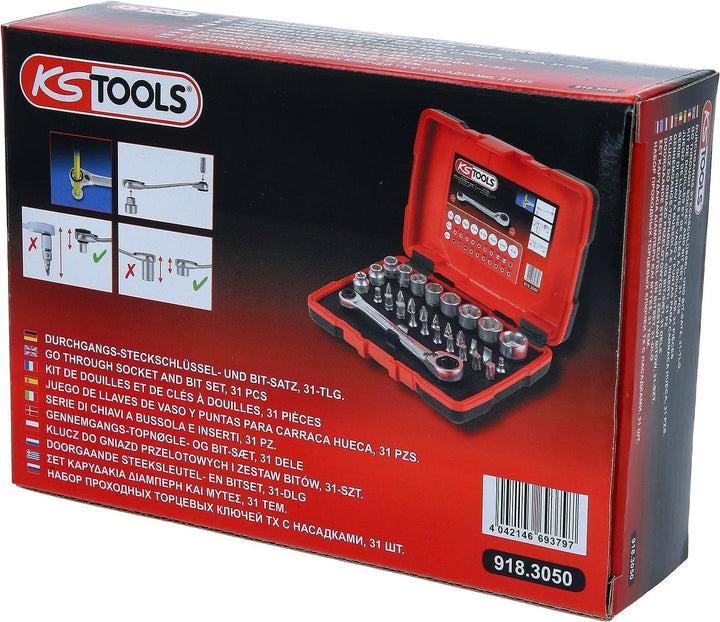 KS Tools 918.3050 1/4" + 11 mm Durchgangs-Steckschlüssel- und Bit-Satz, 31-tlg