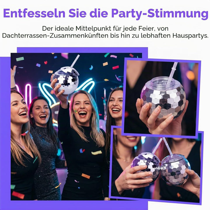 Nicunom 6 Stück 540 ml Discokugelbecher mit Deckel und Trinkhalmen Wiederverwendbar, silberfarben, D