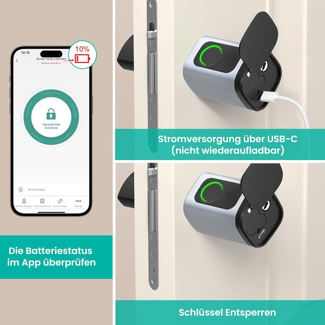 AVATTO Smart Türschloss mit Fingerabdruck & Passwort für 60-90mm Türen, Elektronischer Schliesszylin