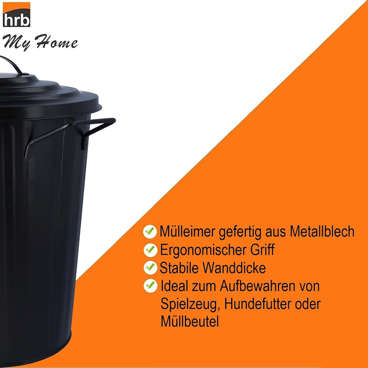 HRB Mülleimer Zink schwarz, 20 Liter, Vintage Design, sehr stabil mit Deckel- geeignet als Mülleimer