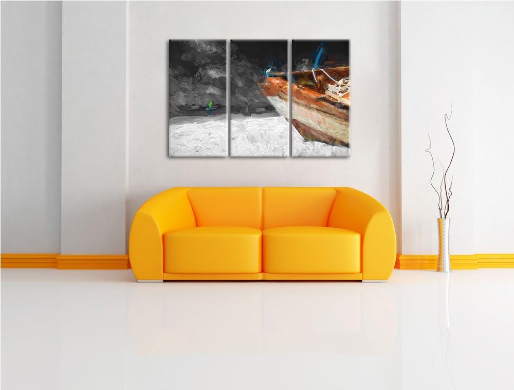 beeindruckendes Boot am Strand schwarz/weiss Deluxe 3-Teiler Leinwandbild 120x80 Bild auf Leinwand,