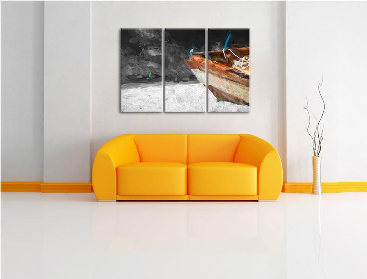 beeindruckendes Boot am Strand schwarz/weiss Deluxe 3-Teiler Leinwandbild 120x80 Bild auf Leinwand,