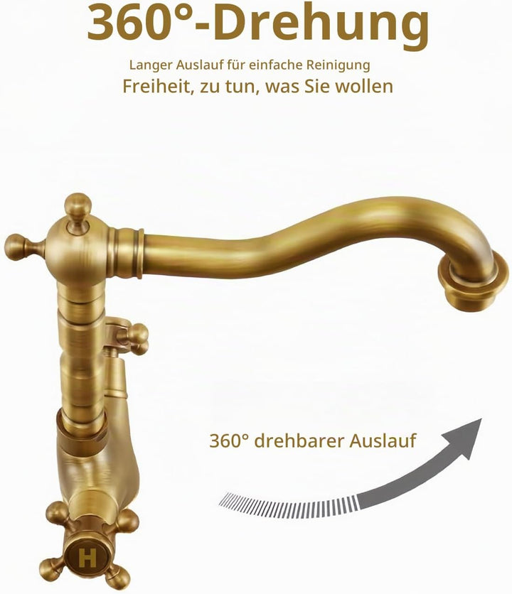 Wasserhahn Küche Bronze Antike, Wasserhahn Waschbecken Bad Hoch Messing Retro, Zweigriff Mischbatter