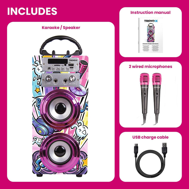 TRENDIX - Karaoke Maschine Kinder | Rosa Karaoke Anlage | Karaoke Anlage mit 2 Mikrofonen, Radio FM,