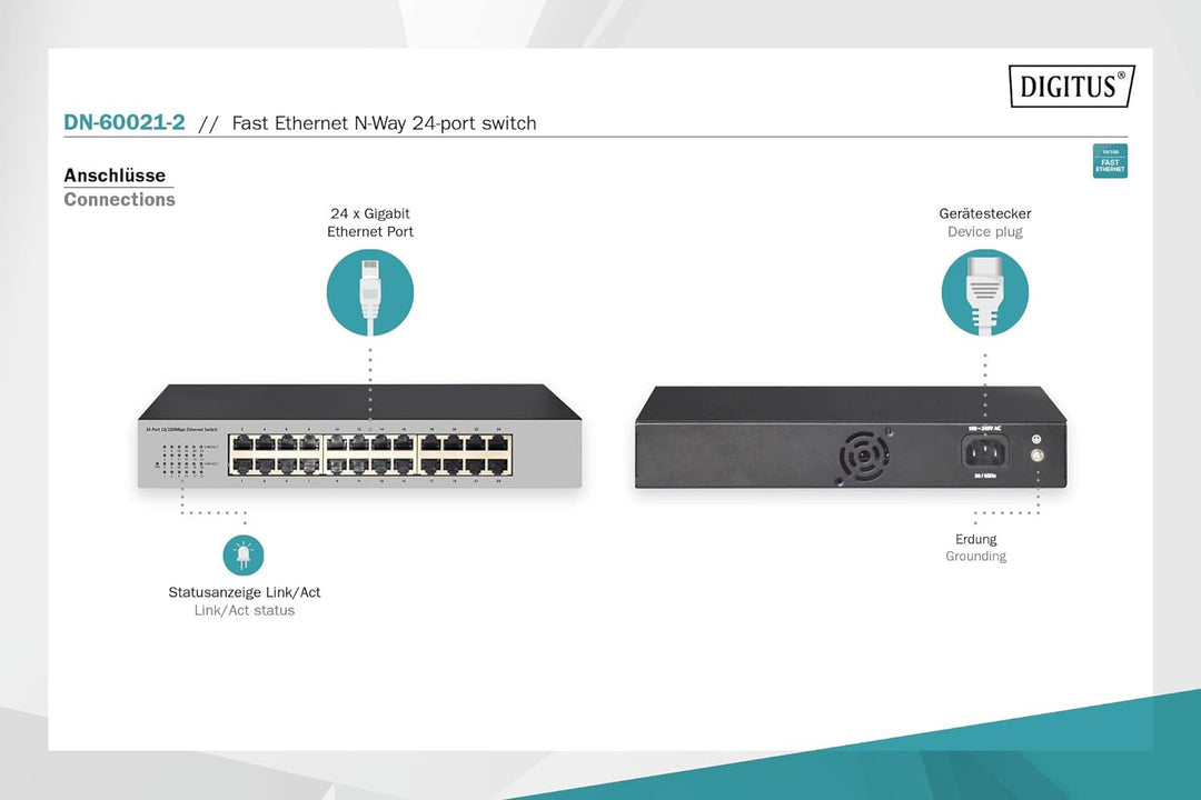 DIGITUS Netzwerk-Switch 24-Port - Fast Ethernet RJ45 Buchsen - opt. 19-Zoll Rack-Montage - 100 MBit/