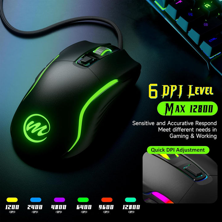 memzuoix Gaming Maus mit Kabel und LED-Lichtern – 12.800 DPI einstellbar, 6 Tasten, 12 RGB-Modi, Erg