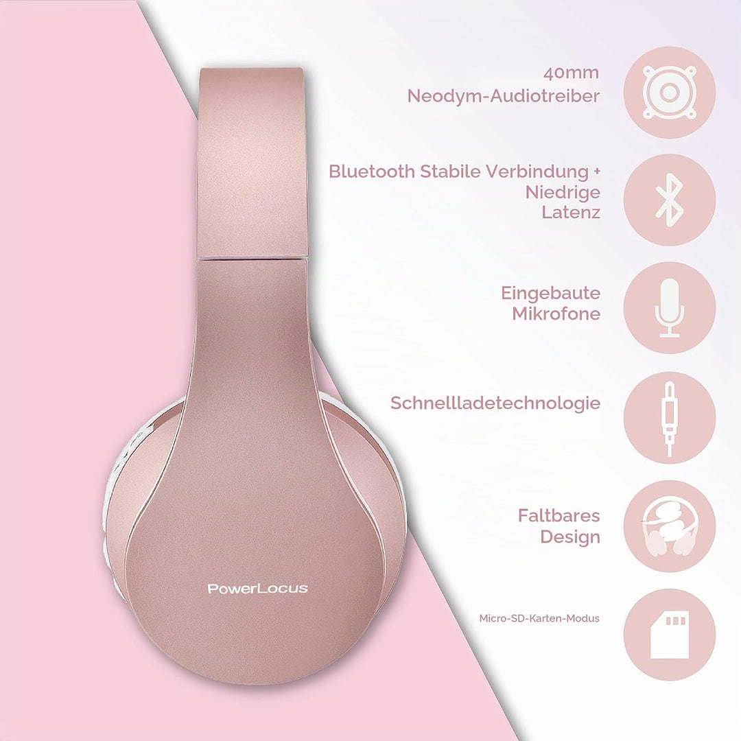 PowerLocus Bluetooth Kopfhörer, Over Ear, Faltbare HiFi-Stereo-Kopfhörer mit tiefen Bässen, Micro SD