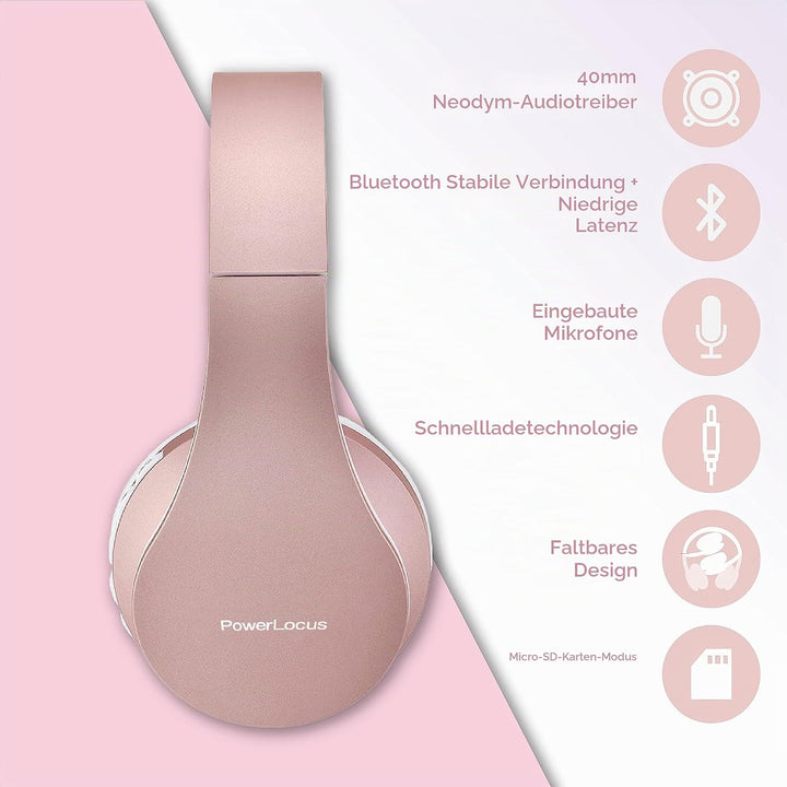 PowerLocus Bluetooth Kopfhörer, Over Ear, Faltbare HiFi-Stereo-Kopfhörer mit tiefen Bässen, Micro SD