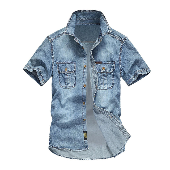 Jeanshemd Herren Kurzarm Sommerhemd Denim Hemd Kurzarm Druckknöpfen Jeans Hemden für Männer Hellblau