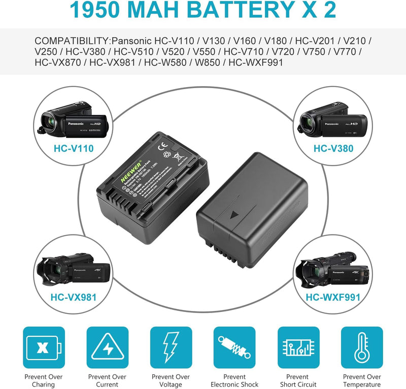 Neewer VW-VBT190 Akku (2er Pack / 1950 mAh) und Dual USB Ladegerät Set Kompatibel mit Panasonic HC-V