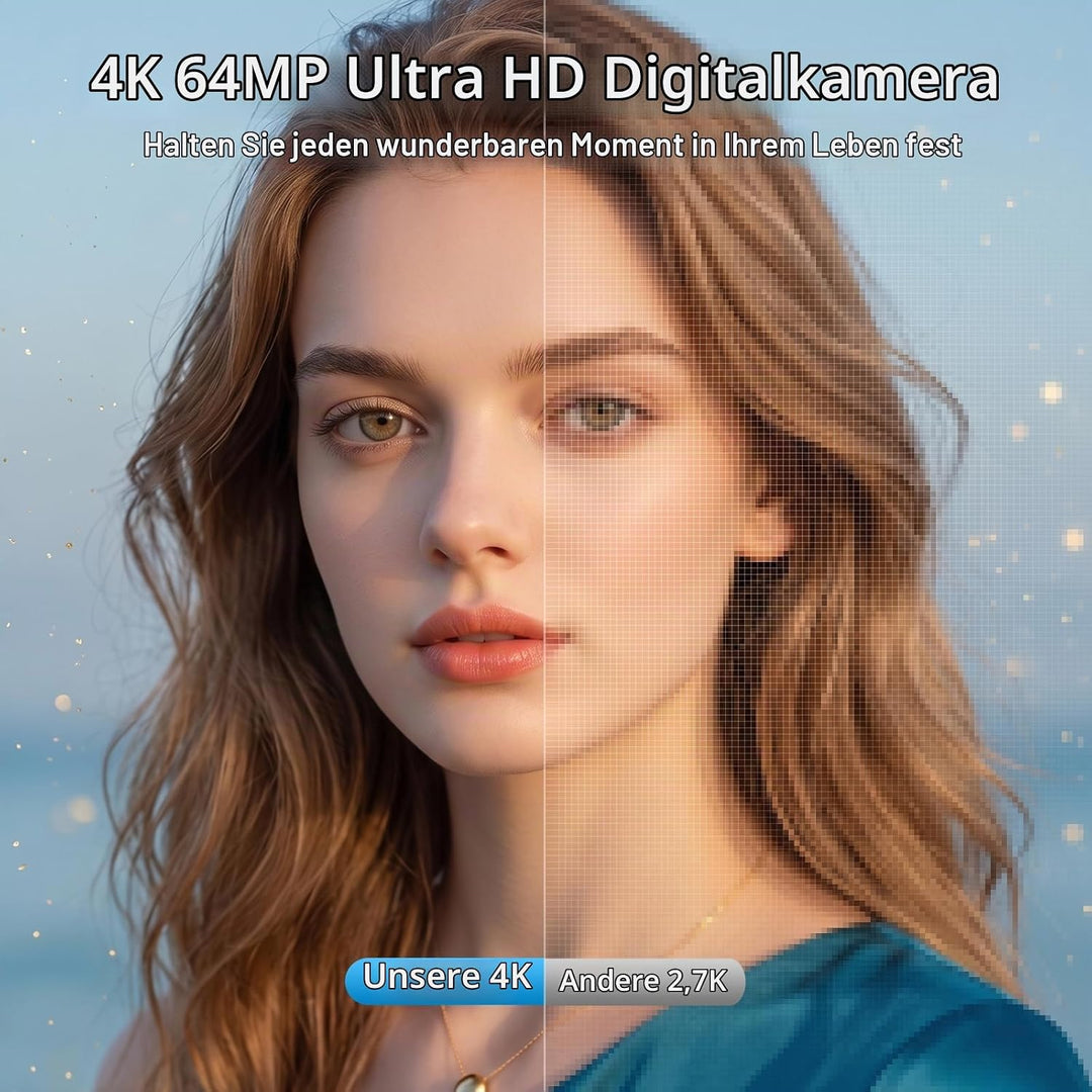 Digitalkamera, 4K 64MP Autofokus Kamera Fotokamera Mit WLAN, 3" 180° Klappbarer Bildschirm Digital K