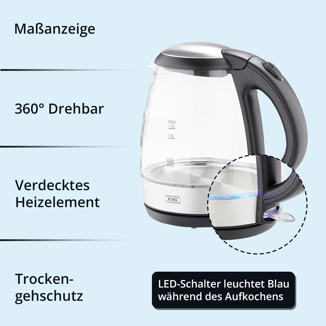 KHG Wasserkocher WK-121GES Glas LED, 1,2 Liter, abwaschbarer Kalkfilter, Wasserstandsanzeige, Öffnen