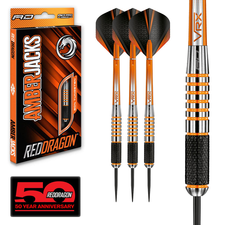 RED DRAGON Amberjack Series Steel Profi Dartpfeile Steeldarts Set mit Flights und Schäfte 28.0 Gramm