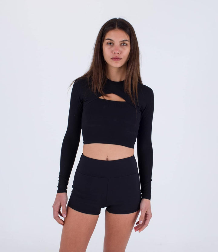 Hurley Damen Max Solid Rib Cropped Cross Yoke Rashguard Rash-Guard-Shirt L Schwarz, L Schwarz