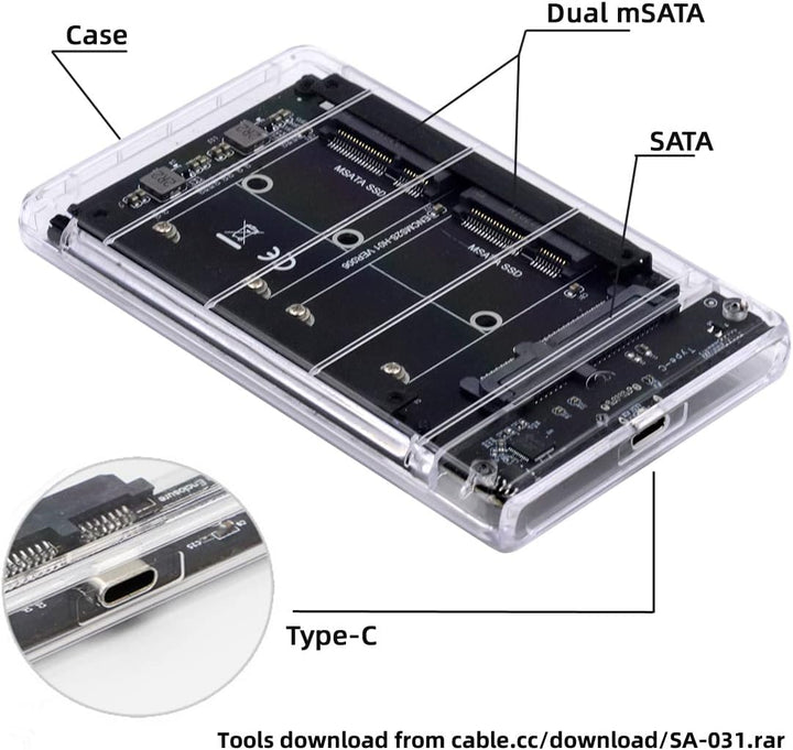 NFHK Dual MSATA Mini-SATA SSD Karte JOBD Raid0 Span-Bridge auf USB 3.0 Type-C USB-C 2,5 Zoll SATA Co