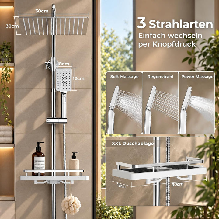 JOHO Edelstahl Duschsystem ohne Armatur Chrom Regendusche Duschset mit Duschgarnitur Ablage(Kopfbrau
