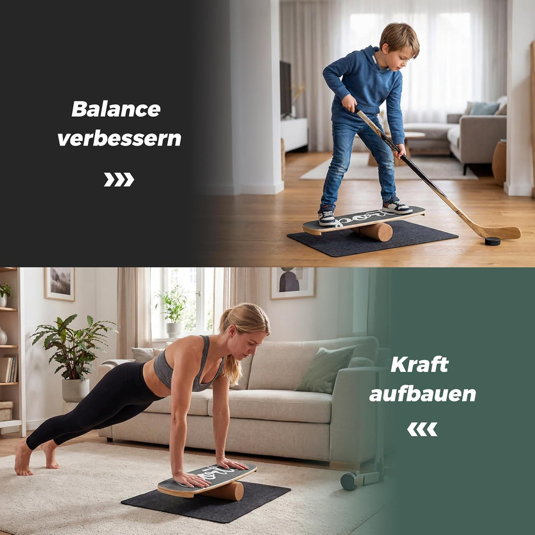 COSTWAY Balance Board, 17 mm Wackelbrett mit 10 cm Korkrolle &amp; Filzmatte, Surfboard aus Birkenholz b