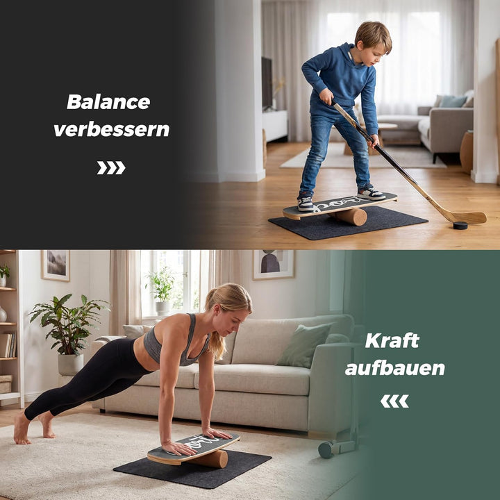 COSTWAY Balance Board, 17 mm Wackelbrett mit 10 cm Korkrolle &amp; Filzmatte, Surfboard aus Birkenholz b