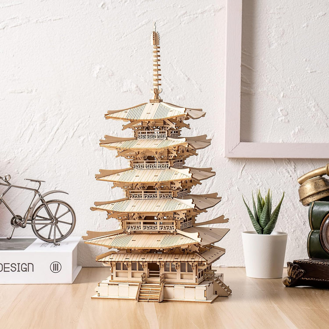ROBOTIME 3D Puzzles Holz Mechanischer Modellbausätze DIY Fünfstöckige Pagode Bastelsets Kreative Puz