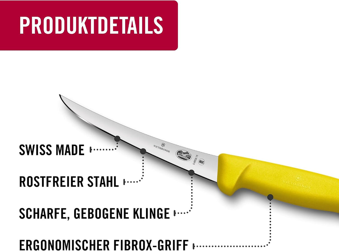 Victorinox Fibrox Ausbeinmesser, Scharfes Küchenmesser für Fleisch und Fisch, 15 cm, Gebogene Klinge