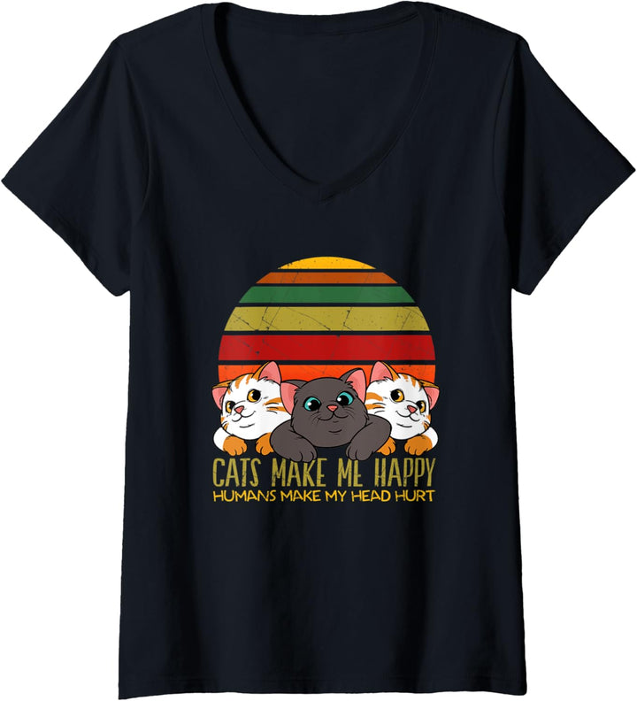 Damen Lustiges Katzen Miau Schmusekatze Katzenfreund Miezekatzen T-Shirt mit V-Ausschnitt