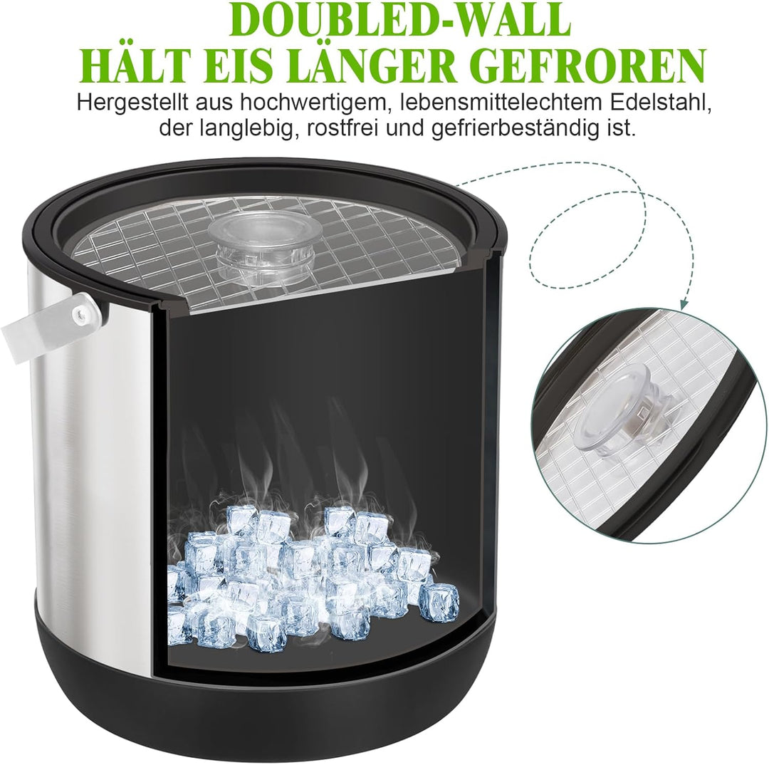 6.8L Eiswürfelbehälter mit Deckel und Schaufel, Edelstahl Eiskübel BPA-FREI, Doppelwandiger Isoliert