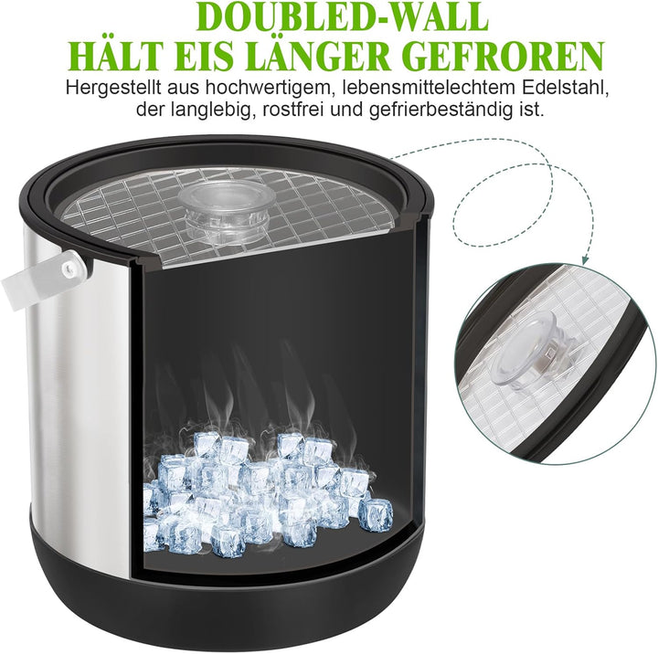6.8L Eiswürfelbehälter mit Deckel und Schaufel, Edelstahl Eiskübel BPA-FREI, Doppelwandiger Isoliert