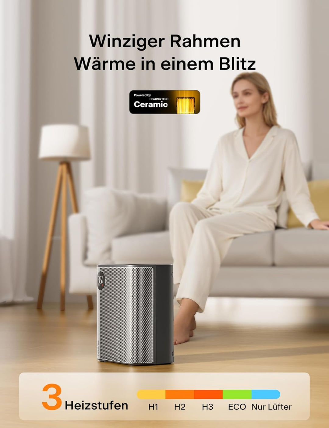 PELONIS Keramik Heizlüfter Mini 2000W mit Fernbedienung, 2S Schnellheizung, 5 Stufen inkl. ECO Modus