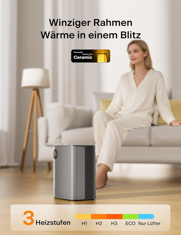 PELONIS Keramik Heizlüfter Mini 2000W mit Fernbedienung, 2S Schnellheizung, 5 Stufen inkl. ECO Modus