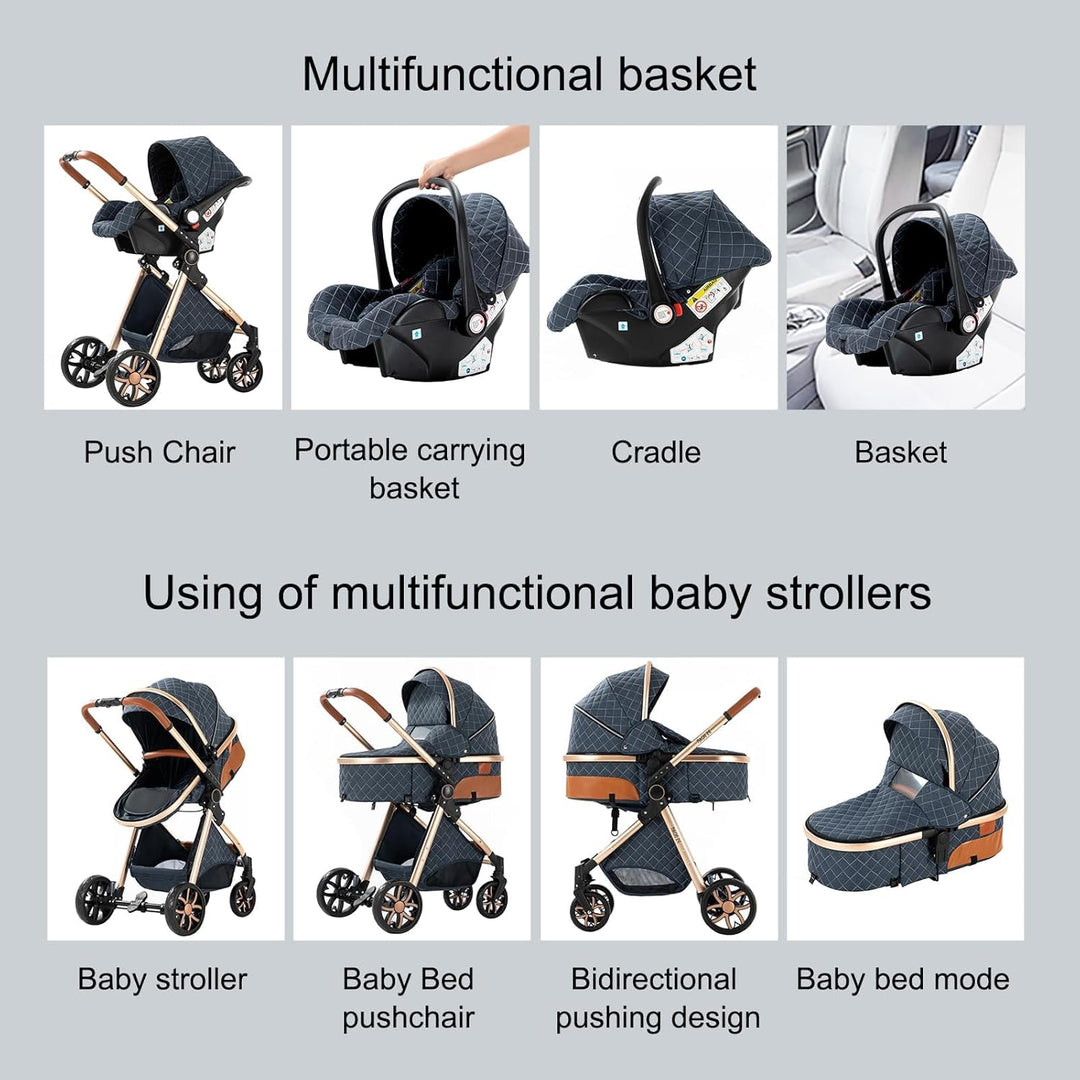 Prokoke Kinderwagen 3 in 1, Buggy mit Umkehrbarem Zwei-Wege-Schub, Kinderwagen Rahmen Aluminiumlegie