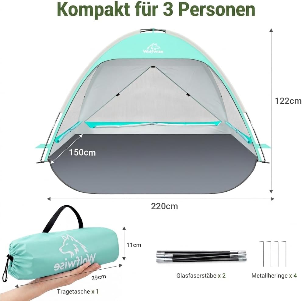 Wolfwise Strandmuschel UV Schutz, 3 Belüftungsfenster & Tragetasche, Strand Zelt mit erweiterbarem B