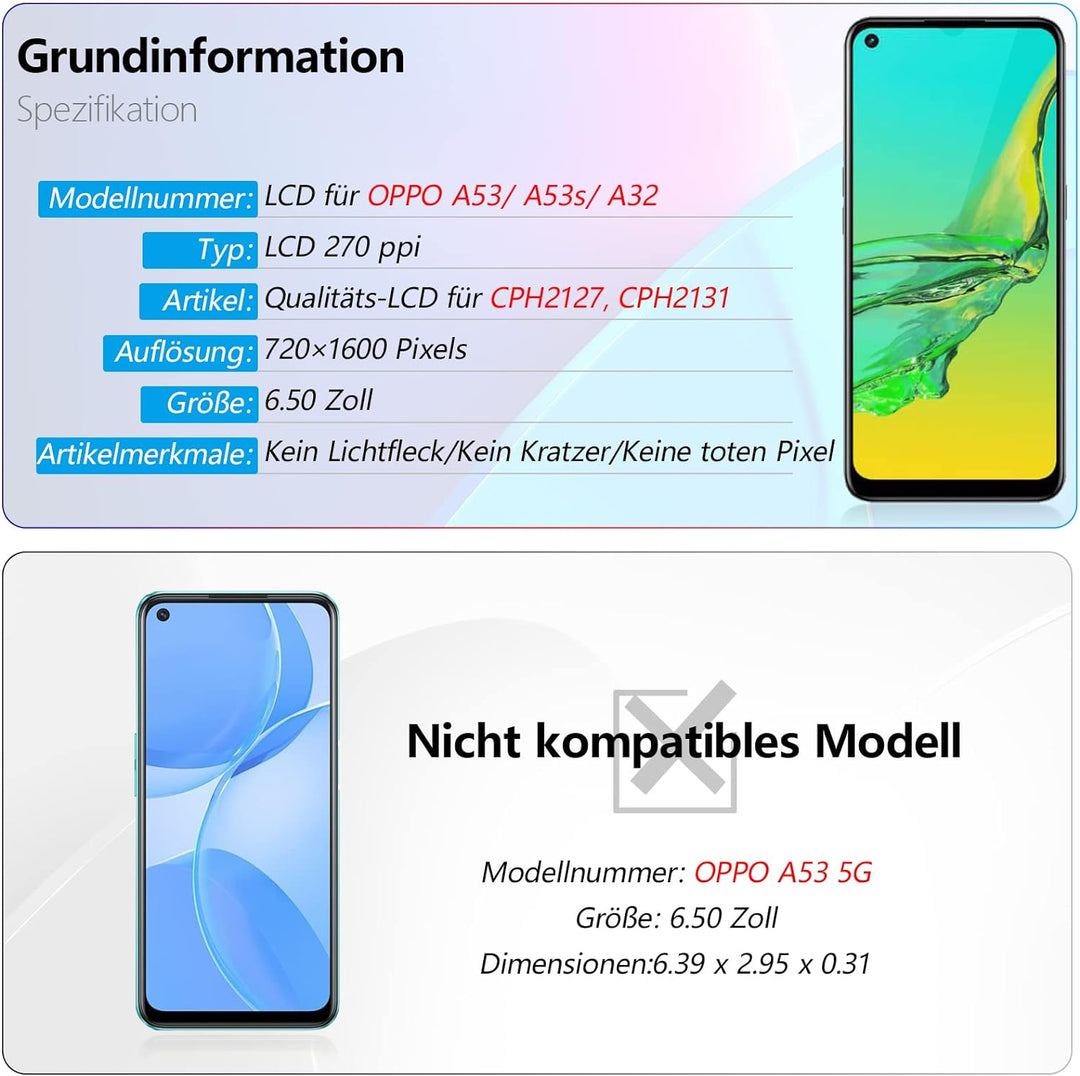 RongZy Display für Oppo A53/A53s/A32/A33 LCD Bildschirmersatz Digitizer Touchscreen Montiert Ersatz