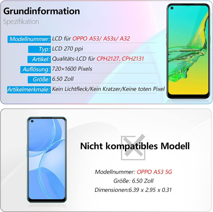RongZy Display für Oppo A53/A53s/A32/A33 LCD Bildschirmersatz Digitizer Touchscreen Montiert Ersatz