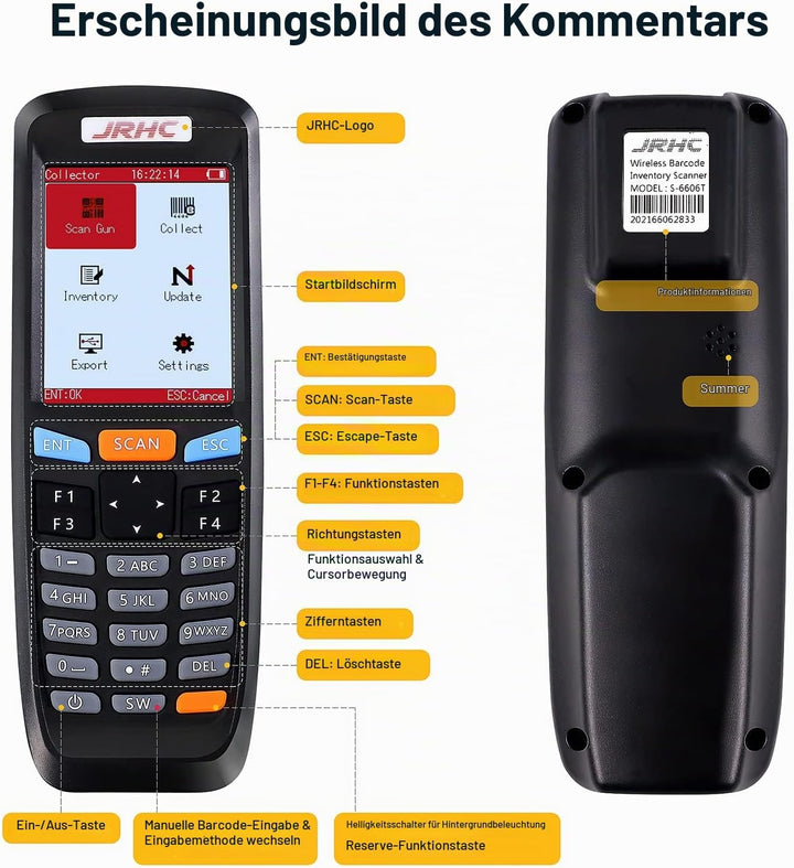 JRHC 2D Inventar Barcode-Scanner und Sammler mit 2.4GHz Wireless USB Empfänger Multifunktionaler 2.8