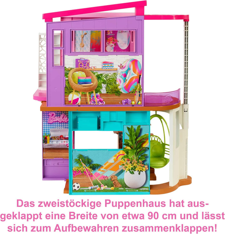 Barbie HCD50 - Malibu Ferien-Haus (klappbar), Puppenhaus mit Möbeln und diversen Zubehör-Teilen, Spi