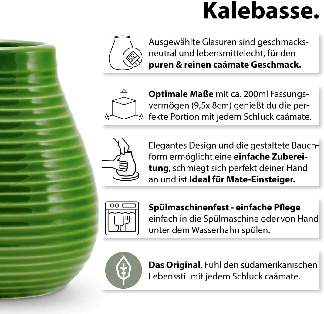 caámate. Yerba Mate Tee Set ● Das Original ● Keramik Matebecher + Edelstahl Bombilla (grün), Grün