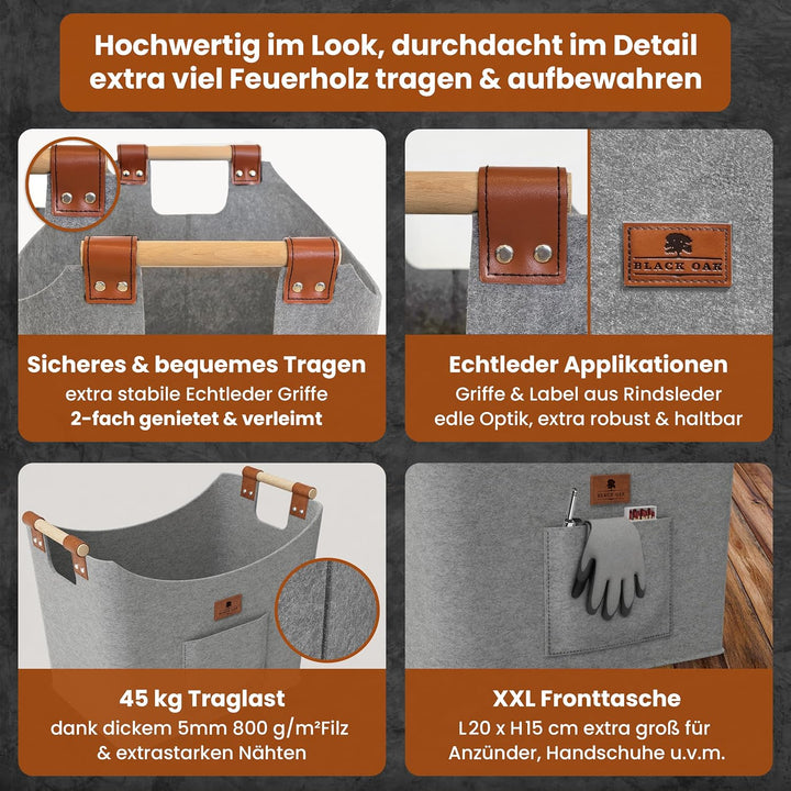 BLACK OAK Montana XL 60L Filzkorb &amp; Holzkorb für Kaminholz - Leder Applikation + rutschfeste Griffe