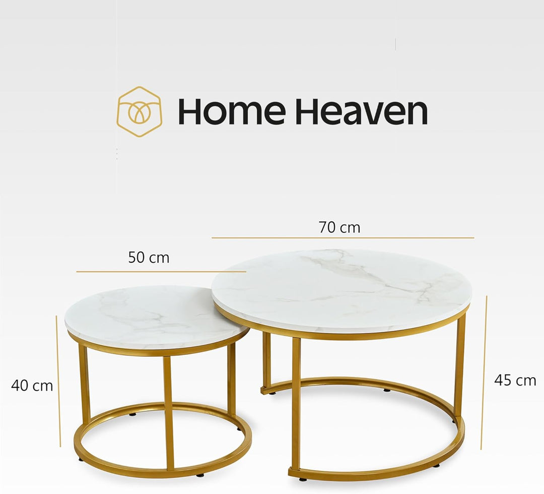 Home Heaven® Couchtisch Rund Weiss Marmor mit Gold – Runder Wohnzimmertisch 2er Set für Wohnzimmer -