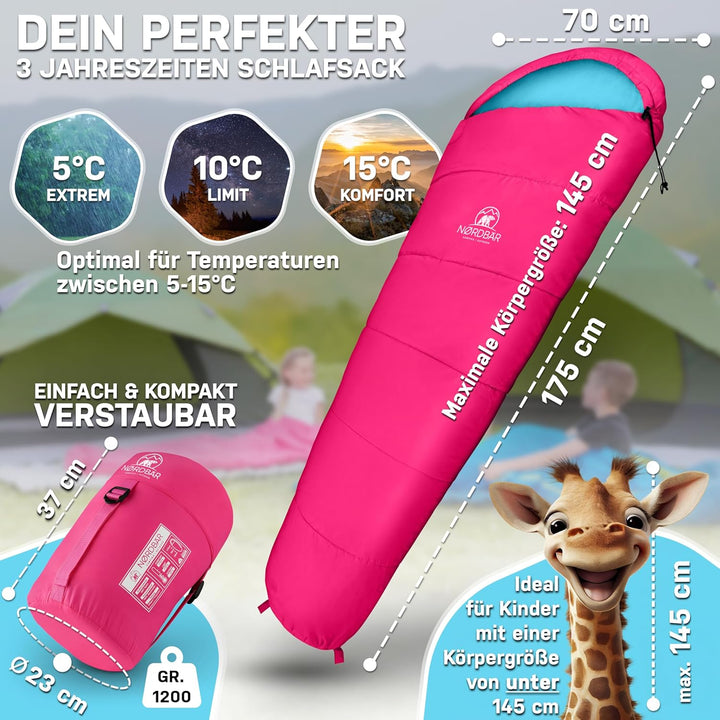 NORDBÄR® Kinderschlafsack für Jungs & Mädchen bis 150 cm Körpergrösse | Innenfutter aus 100% Baumwol