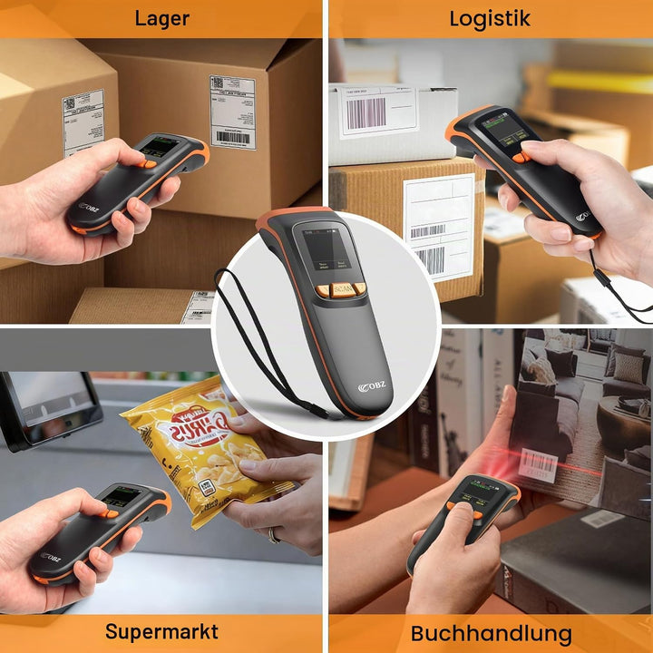 OBZ Barcode Scanner Kabellos mit Display, 1D 2D QR Code Scanner Bluetooth/USB/2.4G Wireless, Tragbar
