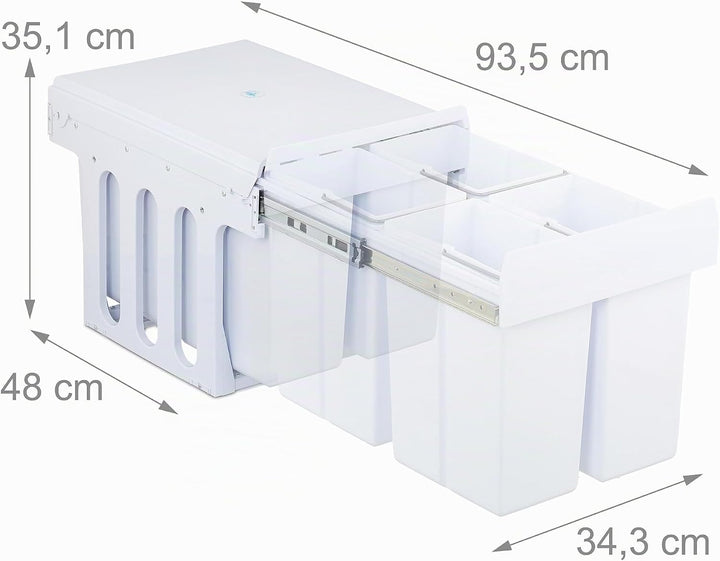 Relaxdays Einbaumülleimer, 4 Fächer, 4 x 8l, HBT: 35,1x34,3x48 cm, ausziehbar, Mülltrennsystem für U