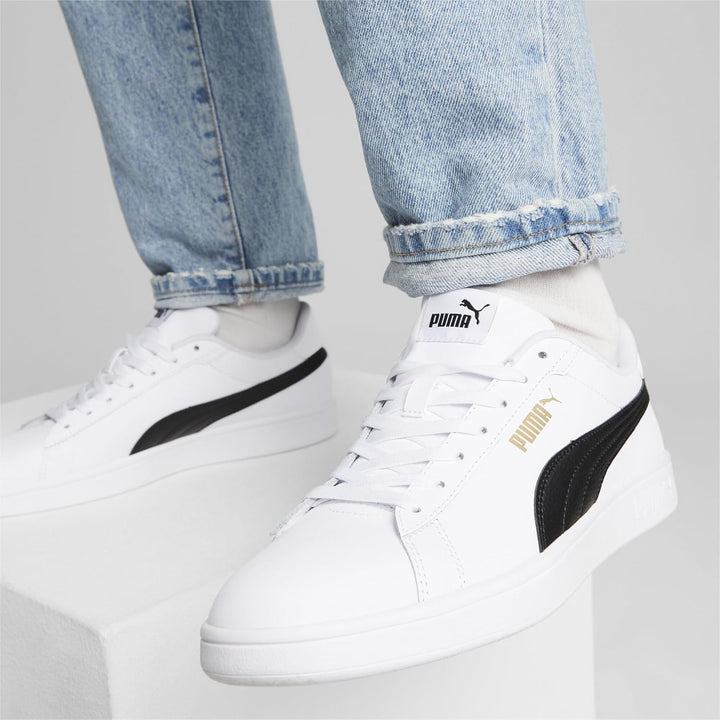 PUMA Unisex Kinder Smash 3.0 L Sneaker 36 EU White Black Gold, 36 EU White Black Gold