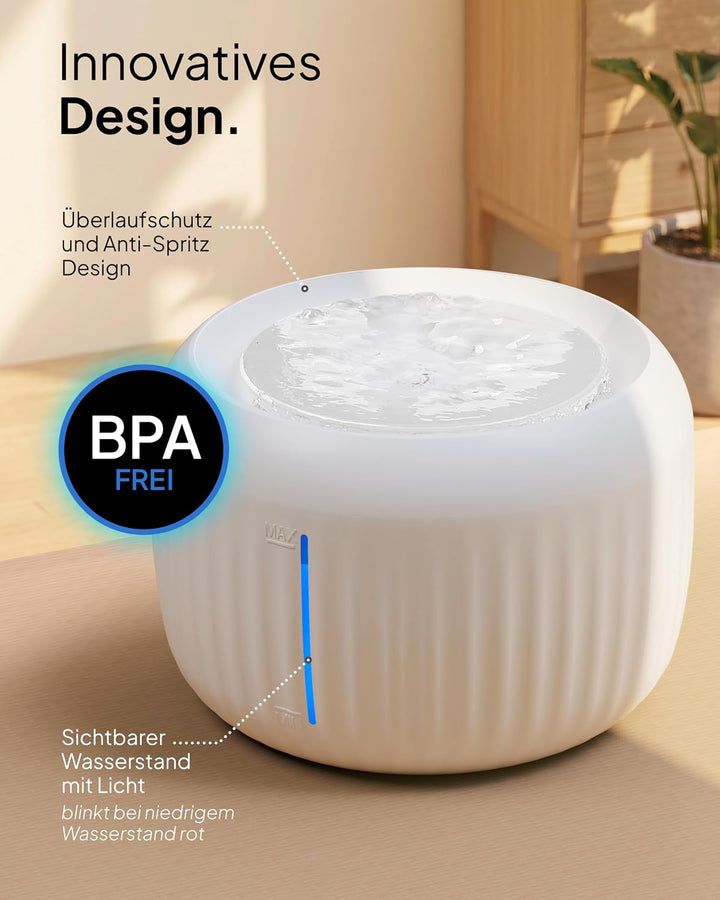 Pretty Paw Katzenbrunnen mit Leiser Pumpe, LED und Aktivkohlefilter, 2,5L Weis, Weis