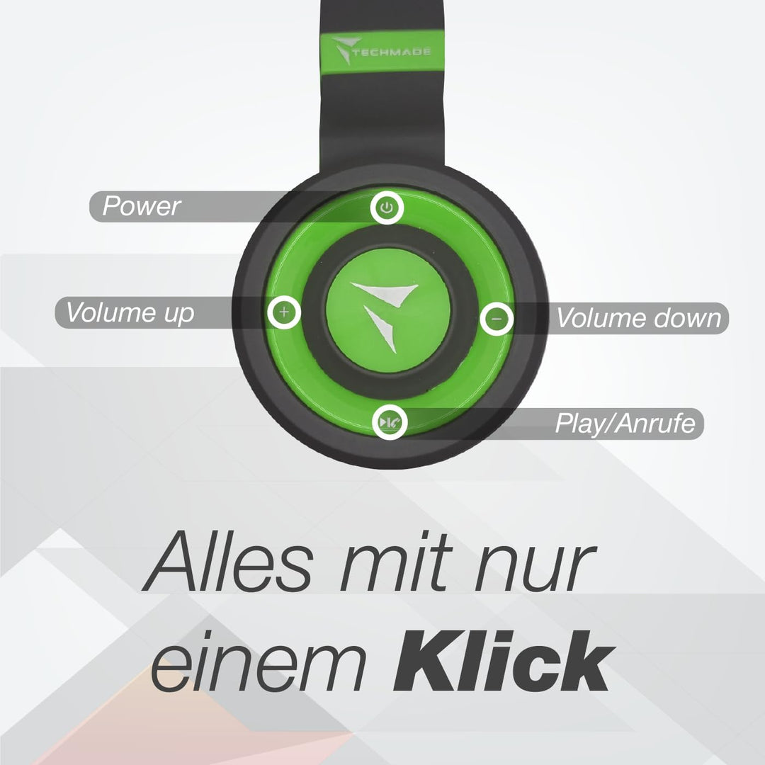 Techmade TM-046 Bluetooth-Kopfhörer – Faltbar, Over-Ear, Mikrofon, FM-Radio, SD-Karten-Slot, Grün