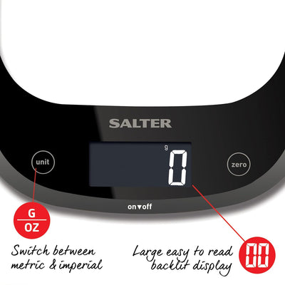 Salter 1050 BKDR Curve Digitale Küchenwaage, Schlankes Glas waag, grosse Oberfläche und modernes Des