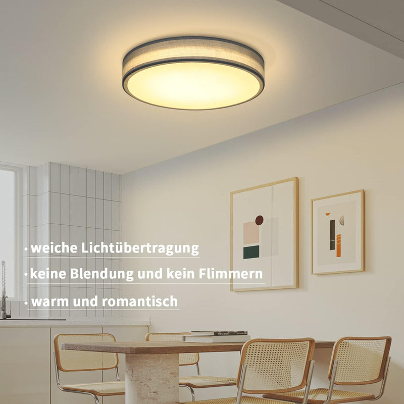 ZMH Deckenlampe LED Deckenleuchte Wohnzimmer - Rund Stoff Schlafzimmerlampe 12W 3000K Warmweiss Wohn