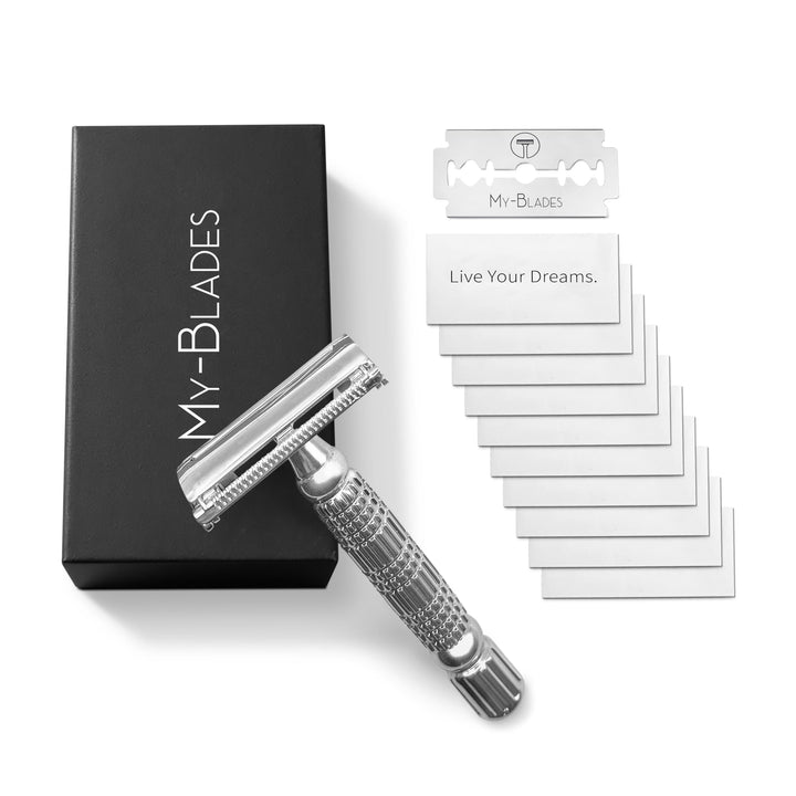 Premium Rasierhobel Set mit 10 Rasierklingen – Metallgriff, Butterfly-Sicherheitsverschluss, Geschen
