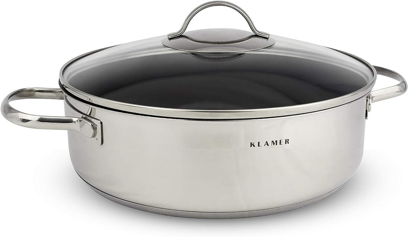 KLAMER Servierpfanne mit Deckel 28cm Induktion, Edelstahl Schmortopf backofengeeignet, Schmorpfanne