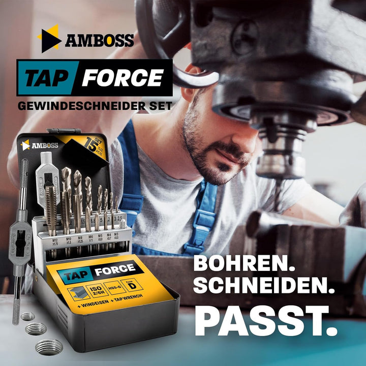 Gewindeschneider Set Metrisch, M3 - M12, 15tlg. HSS-G/Windeisen/Amboss Tap Force/Gewindeschneidsatz,