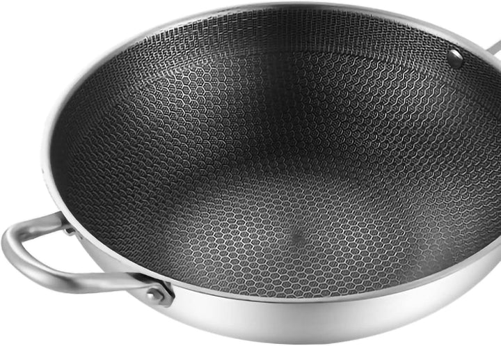 Wok, Wok-Pfanne mit Geschnitzter Mikrogravur, 3-lagiger Doppelseitiger Waben-Edelstahl-Wok für die K